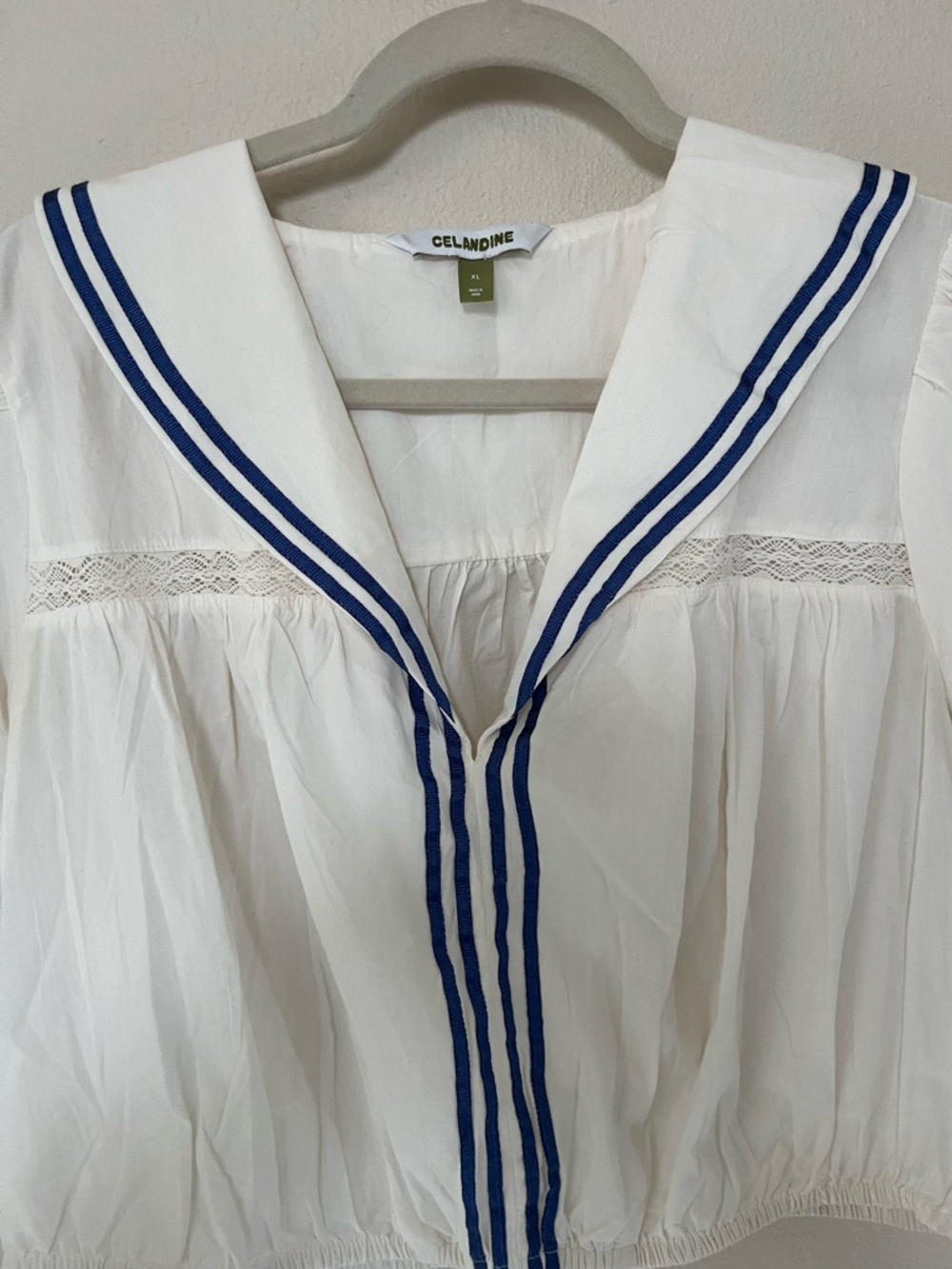 Celandine for Anthropolgie White Sailor Collar Top with Blue Trim size XL - Picture 2 of 6